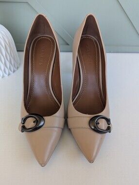 Coach Women's Nude Leather Pointed Toe Pumps with Signature Buckle